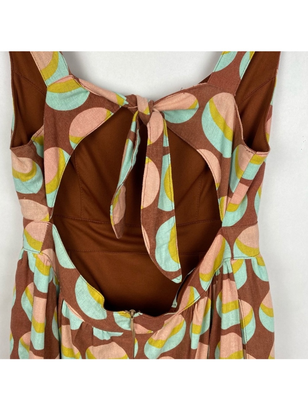 Judith March Linen Open Tie Back 70s mod Print Mini dress size Large - Picture 5 of 7